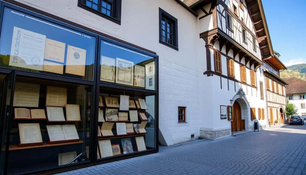 Generate an image of the Museum of Swiss Charters in Schwyz, showcasing its historical documents.