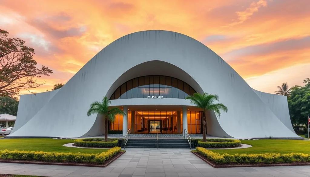 Generate an image of the Museum of Three Cultures at Capitol University, Cagayan de Oro City, showcasing its modern architecture and serene surroundings.