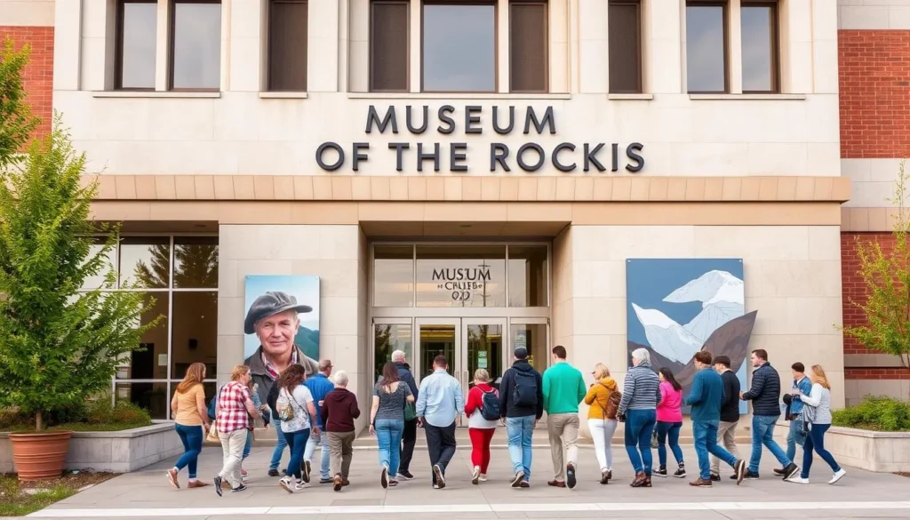 Generate an image of the Museum of the Rockies' exterior with visitors walking towards the entrance.