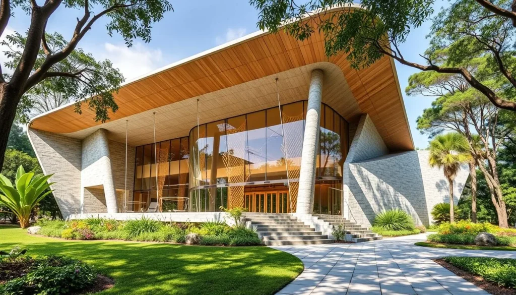 Generate an image of the Nakhon Ratchasima Fossil Museum's exterior, showcasing its modern architecture amidst a natural setting.