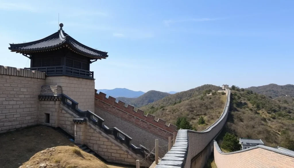Generate an image of the Namhansanseong Fortress's walls and a command post.