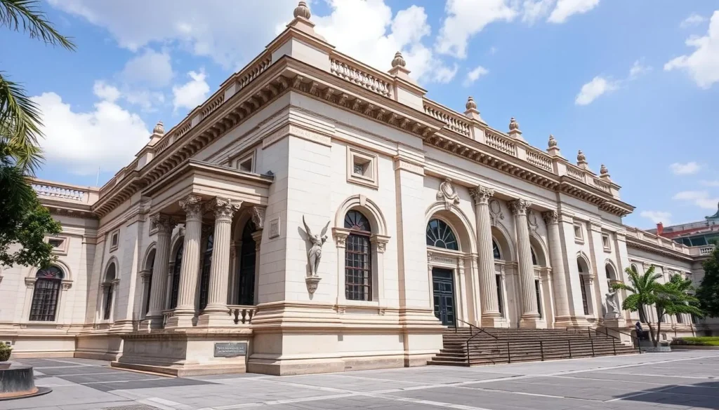 Generate an image of the National Gallery Singapore building, showcasing its colonial-era architecture.