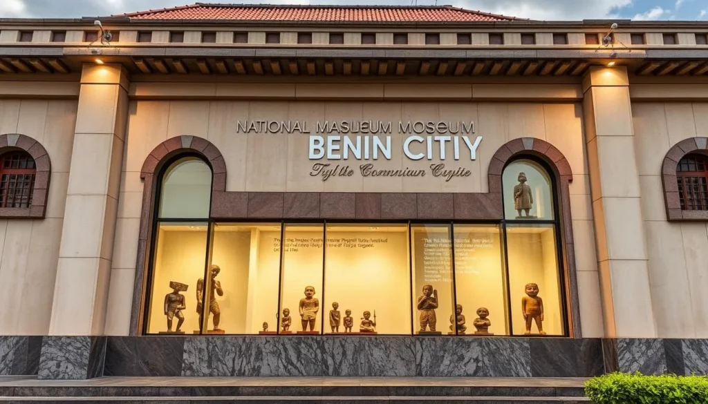 Generate an image of the National Museum of Benin City, showcasing its exterior architecture and a glimpse of the artifacts on display.