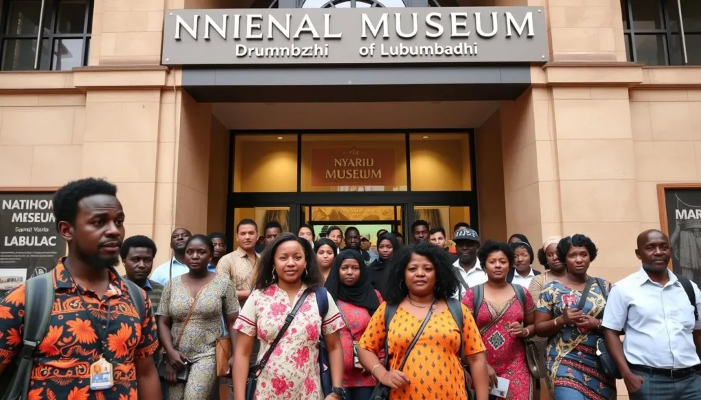 Generate an image of the National Museum of Lubumbashi's grand entrance, with visitors from diverse backgrounds walking in.