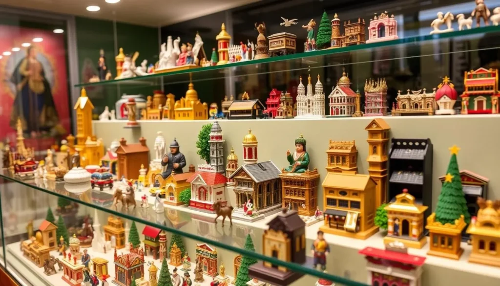 Generate an image of the National Museum of Toys and Miniatures' display case with intricate miniatures.