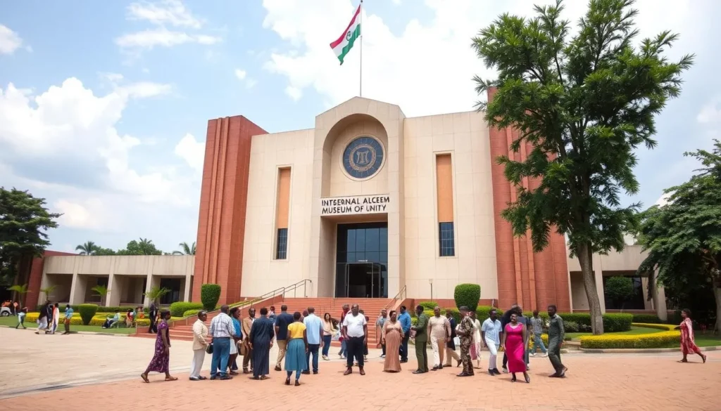 Generate an image of the National Museum of Unity in Enugu, Nigeria, showcasing its exterior with visitors.