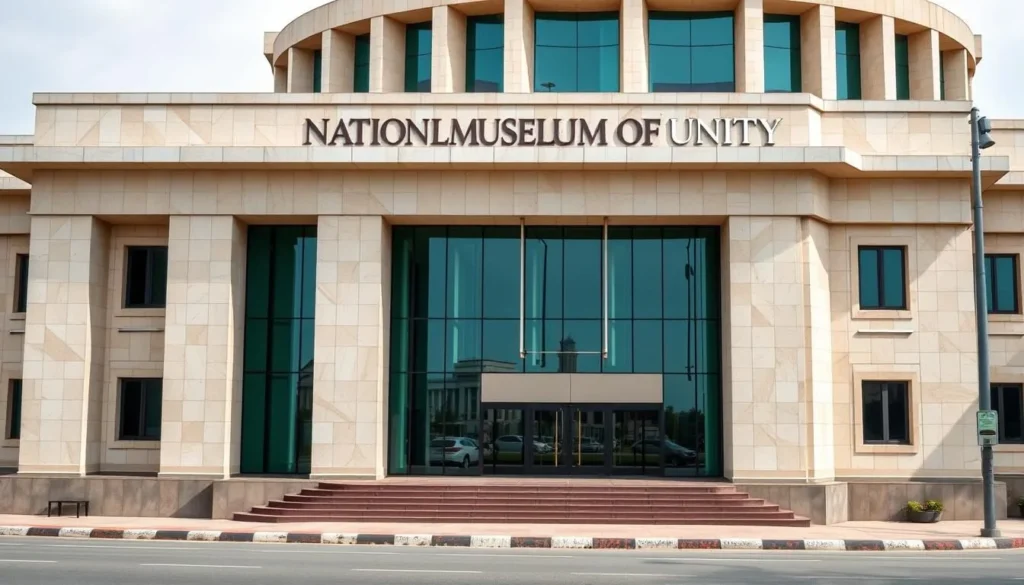Generate an image of the National Museum of Unity's facade on Abakaliki Road.