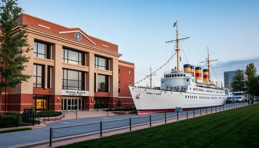 Generate an image of the National Museum of the Great Lakes building with the SS Col. James M. Schoonmaker in the background.