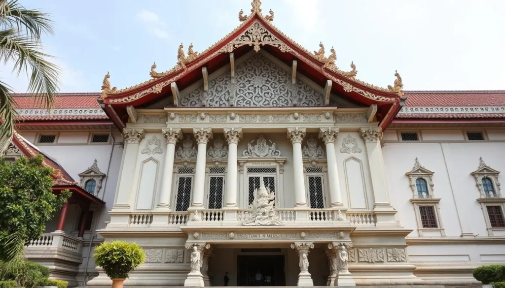 Generate an image of the National Museum's façade, highlighting its traditional Khmer architectural style.