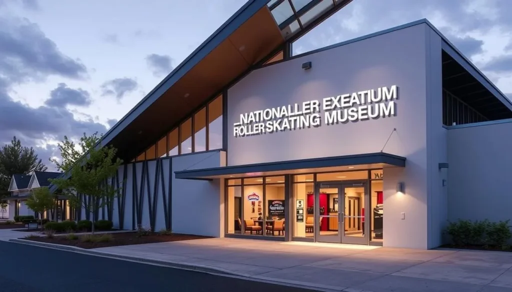 Generate an image of the National Roller Skating Museum's exterior, showcasing its unique architecture and inviting entrance.