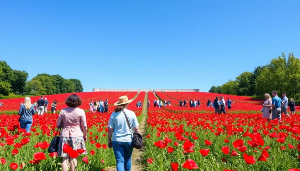 Generate an image of the National World War I Museum and Memorial's poppy field with visitors walking through it.