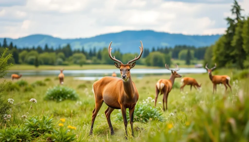 Generate an image of the Nature Reserve and Wildlife Park Goldau with free-roaming sika deer and mouflons in a beautiful natural setting.