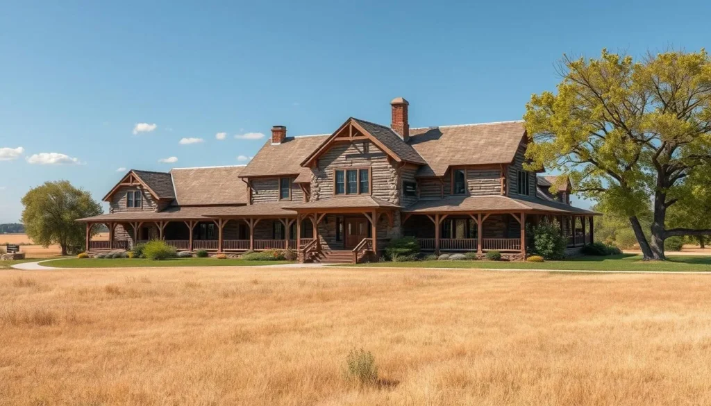 Generate an image of the Nebraska Prairie Museum's exterior, showcasing its historic architecture and surrounding prairie landscape.