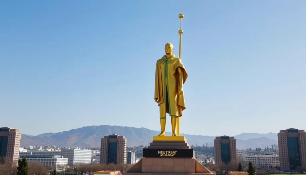 Generate an image of the Neutrality Monument in Ashgabat, showcasing its golden statue and the surrounding cityscape.