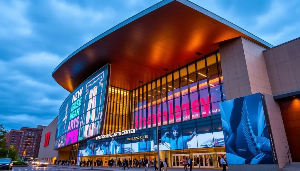 Generate an image of the New Jersey Performing Arts Center in Newark, showcasing its modern architecture and vibrant atmosphere.