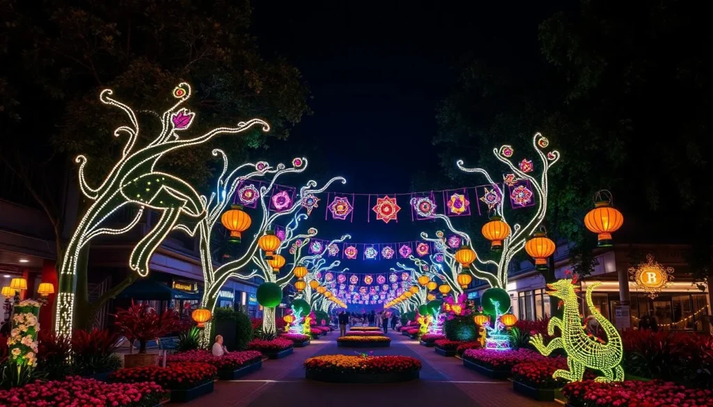 Generate an image of the Nguyen Hue Flower Street Festival at night with elaborate floral displays and special lighting effects.