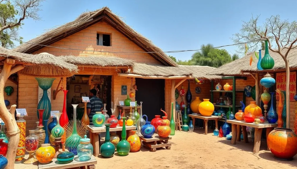 Generate an image of the Ngwenya Glass Village, highlighting the glassblowing process and beautiful glass artworks on display.