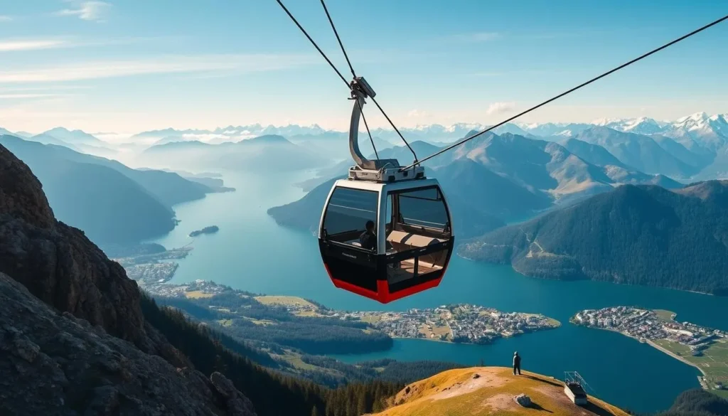Generate an image of the Niederhorn cable car ascending to the summit with panoramic views of Lake Thun and the Bernese Alps.