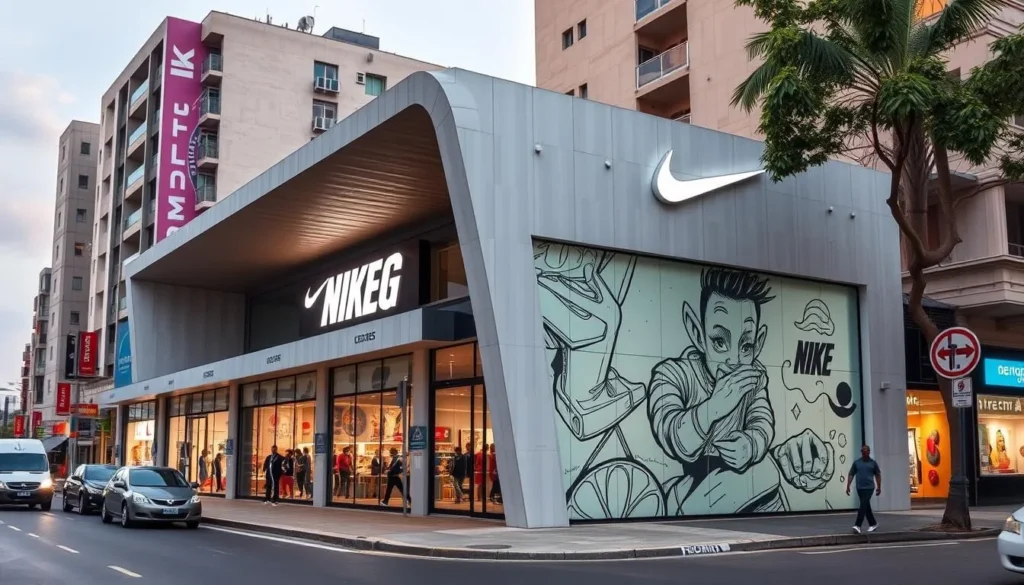 Generate an image of the Nike Art Gallery's exterior, showcasing its modern architecture amidst a bustling Lagos environment.