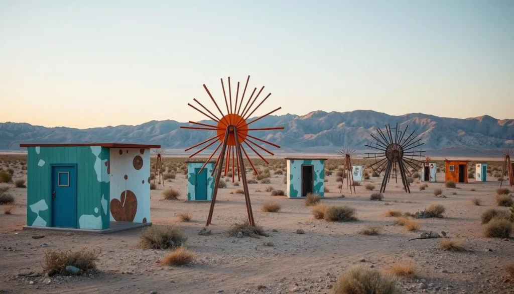 Generate an image of the Noah Purifoy Outdoor Museum with its unique art installations set against the backdrop of the desert landscape.