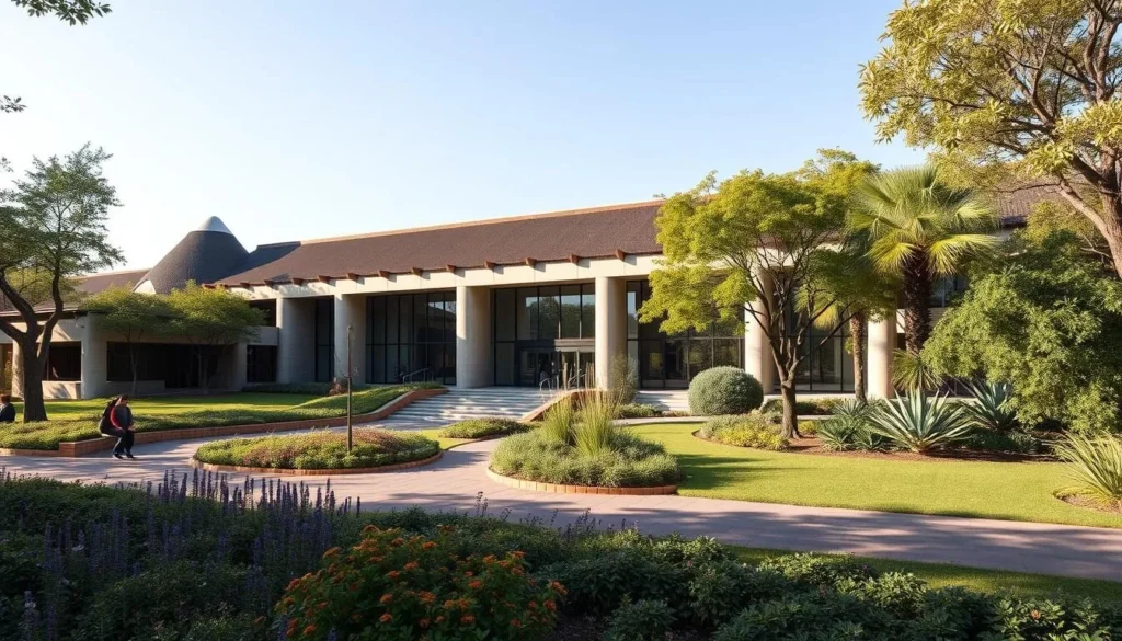 Generate an image of the OR Tambo Cultural Precinct's museum with its distinctive architecture and beautifully manicured gardens.