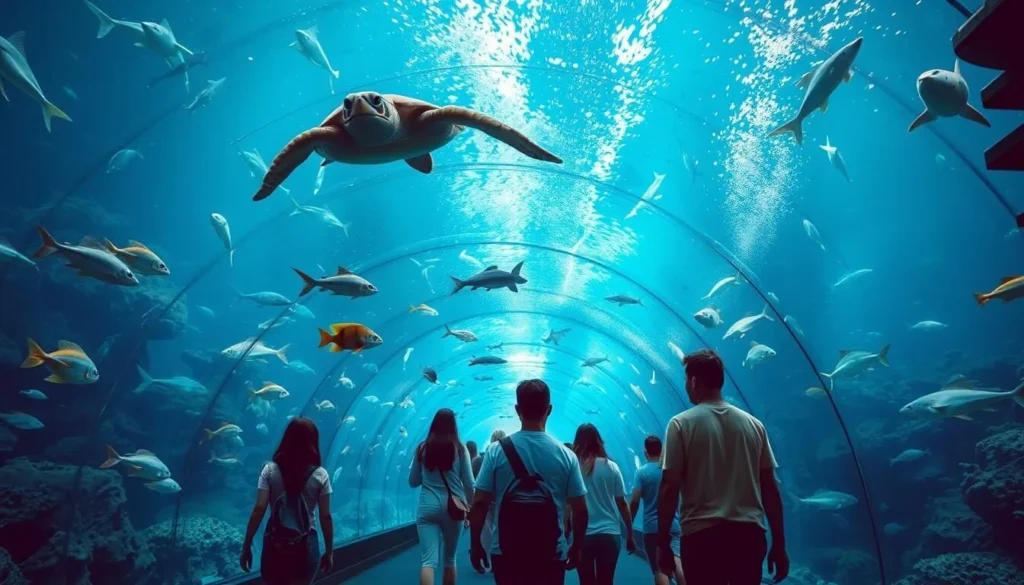 Generate an image of the Oklahoma Aquarium's underwater tunnel, with visitors walking through and seeing sea turtles, sharks, and colorful fish.