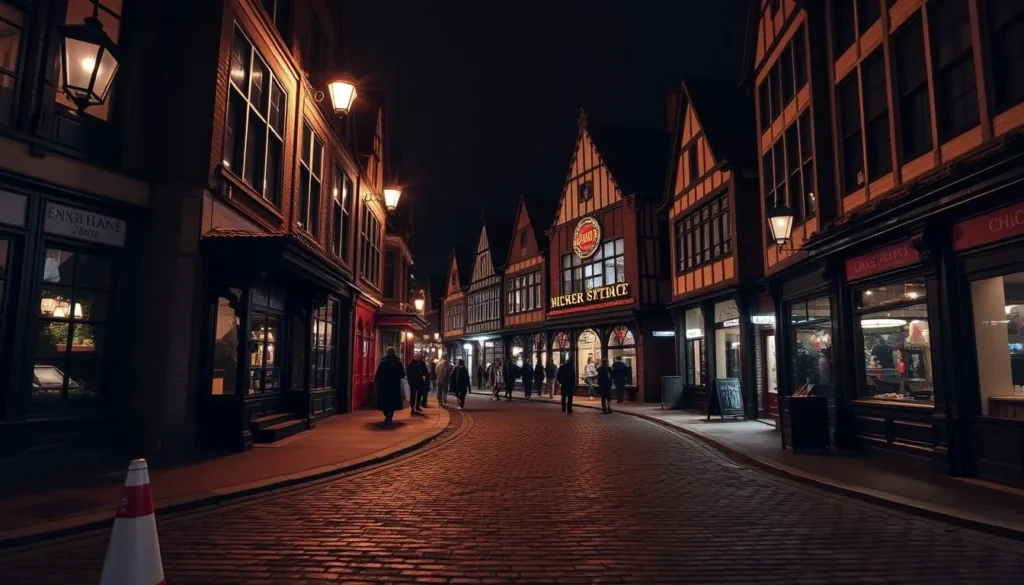 Generate an image of the Old Market District's cobblestone streets at night.