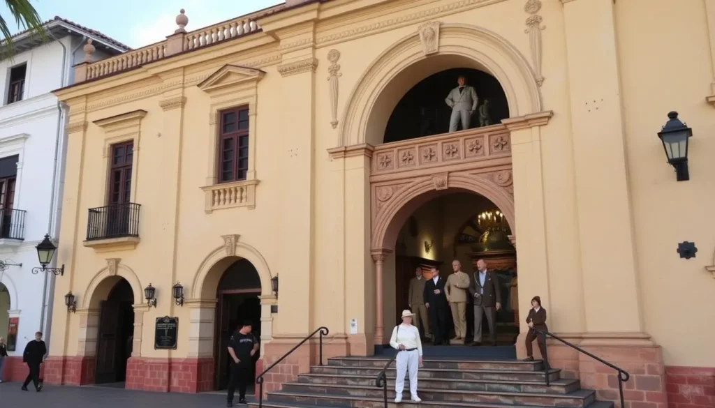 Generate an image of the Old Town Hall, focusing on its colonial architecture and the wax figures inside.
