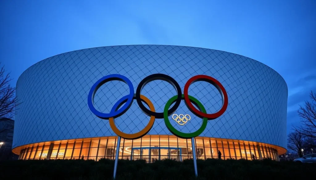 Generate an image of the Olympic Museum's exterior with the Olympic rings prominently displayed.