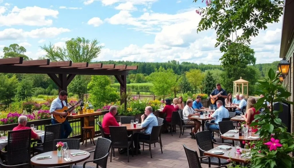 Generate an image of the Orchard Restaurant and Bar's scenic patio with live music and beautiful garden views.