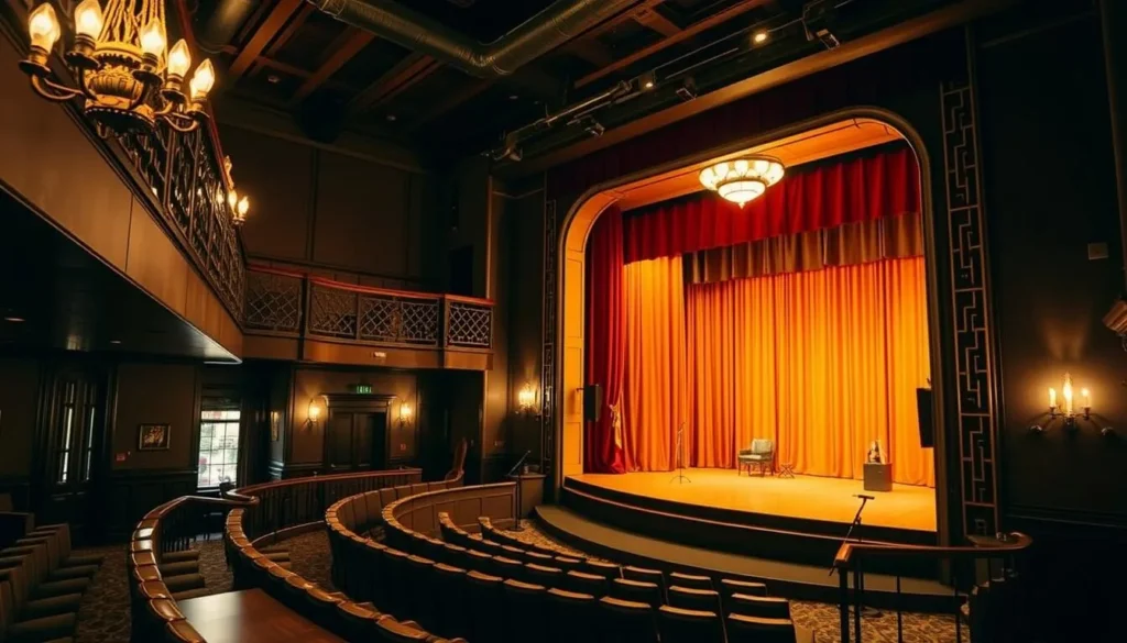 Generate an image of the Oregon Cabaret Theatre's interior, showcasing its elegant atmosphere and stage.