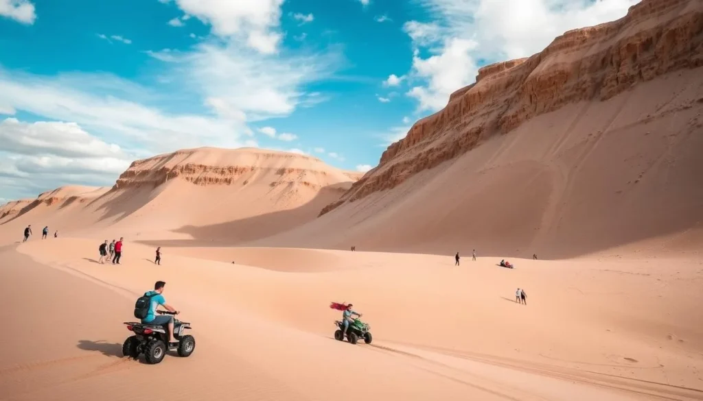 Generate an image of the Oregon Dunes National Recreation Area with massive sand dunes and people engaging in various activities like hiking, ATV riding, and sandboarding.