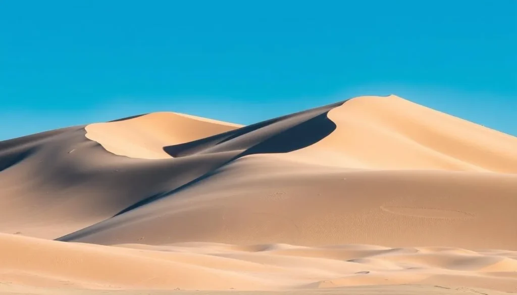 Generate an image of the Oregon Dunes National Recreation Area with massive sand dunes and a clear blue sky.