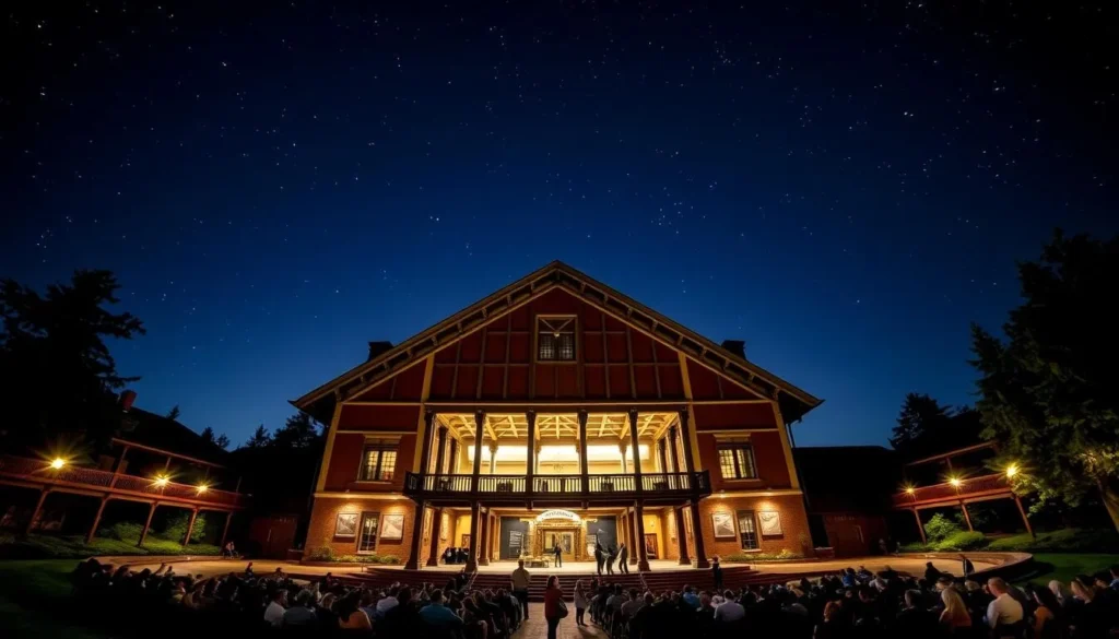 Generate an image of the Oregon Shakespeare Festival's outdoor Elizabethan Theatre under the stars.