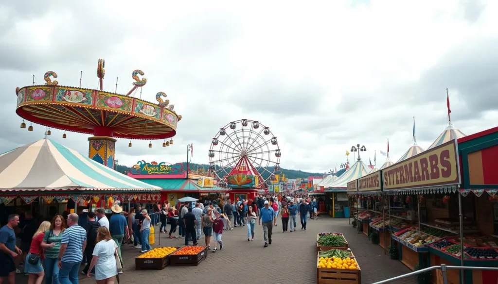 Generate an image of the Oregon State Fair with carnival rides and agricultural exhibits.