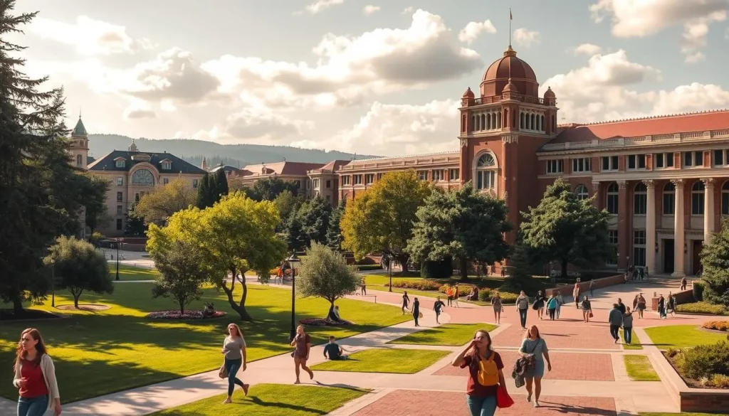 Generate an image of the Oregon State University campus during a sunny day with students walking around.