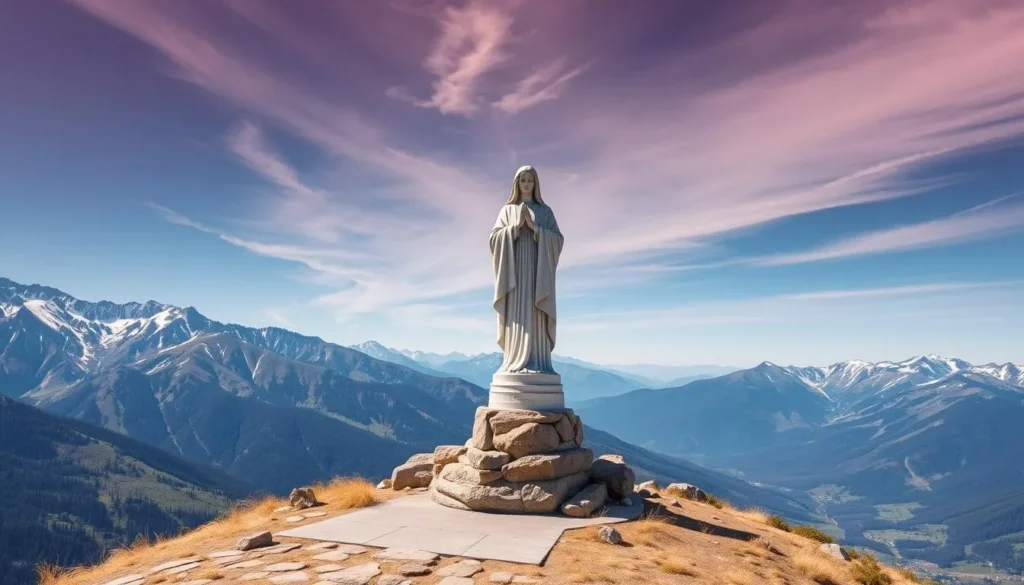 Generate an image of the Our Lady of the Rockies statue standing tall on the Continental Divide.