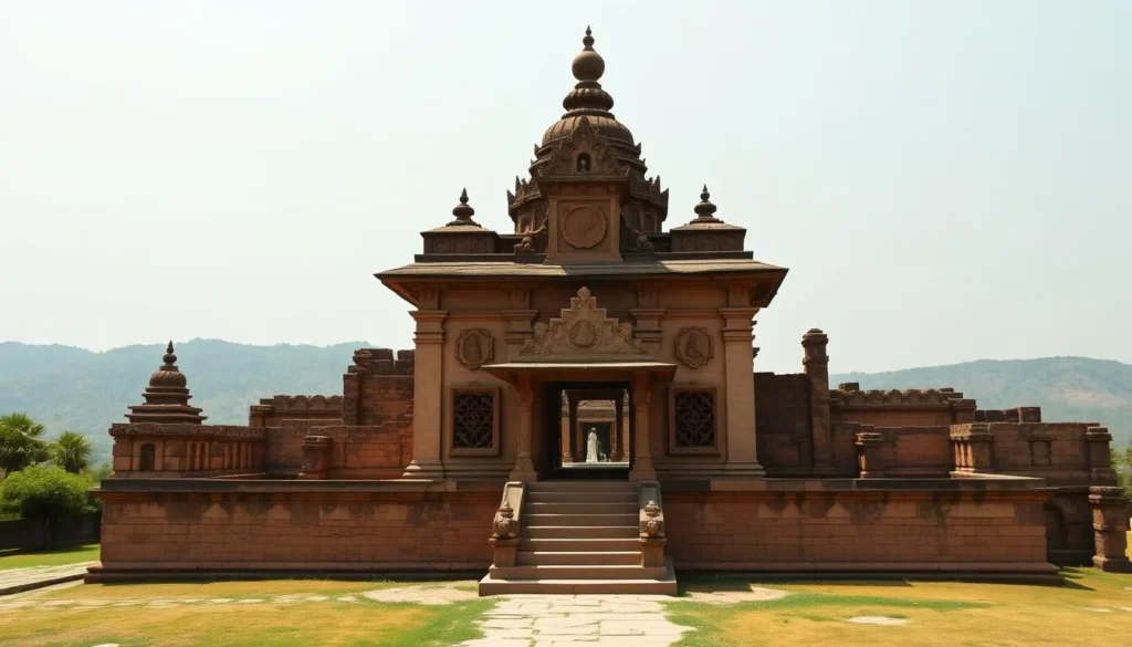 Generate an image of the Paharpur Buddhist Monastery, showcasing its ancient ruins and terracotta plaques.