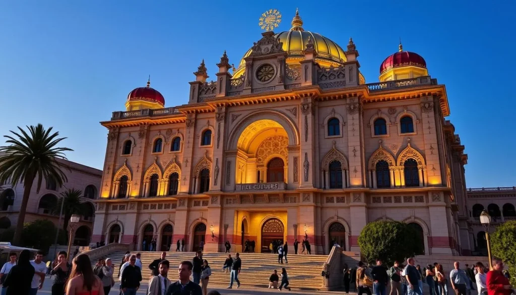 Generate an image of the Palace of Culture in Oran, Algeria, showcasing its architectural beauty and vibrant cultural atmosphere.