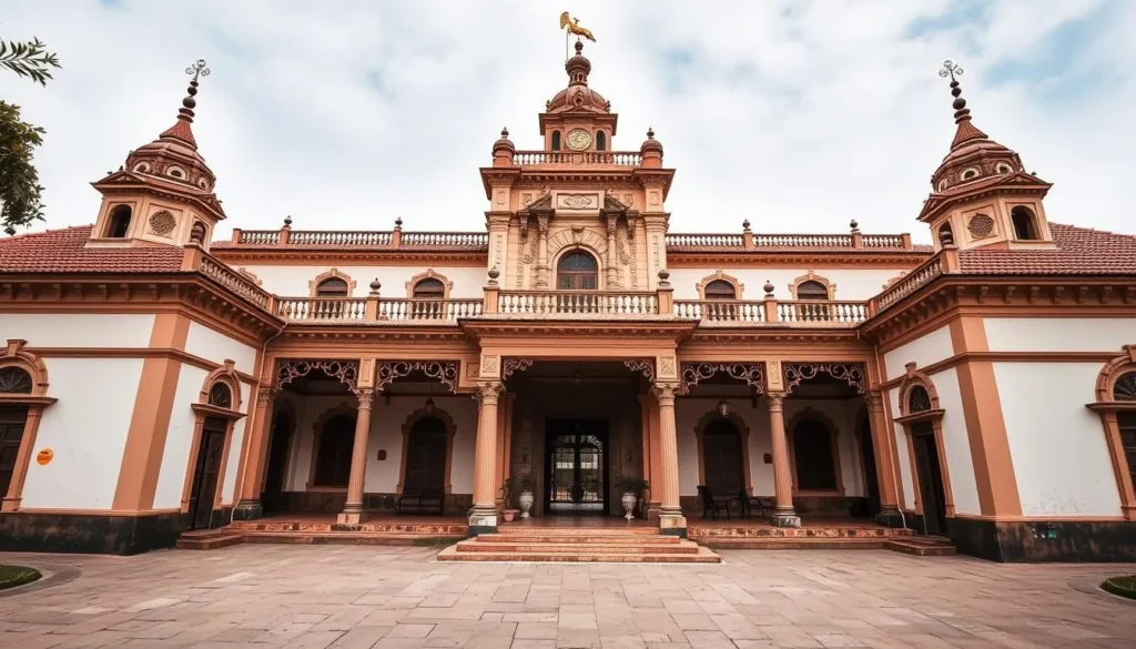 Generate an image of the Palace of the Kings Bell, a historical landmark in Douala, Cameroon, showcasing its unique architectural style.