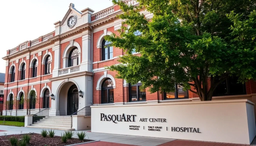 Generate an image of the PasquArt Art Center's exterior, showcasing its beautifully renovated historic hospital building.