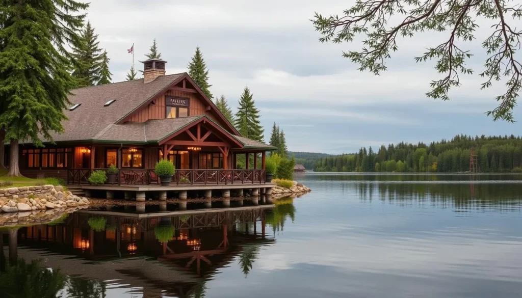 Generate an image of the Paulina Lake Lodge Restaurant with a serene lake view.