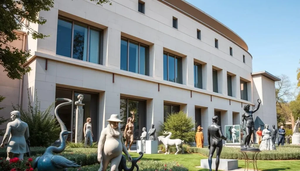 Generate an image of the Peggy Guggenheim Collection building with its sculpture garden