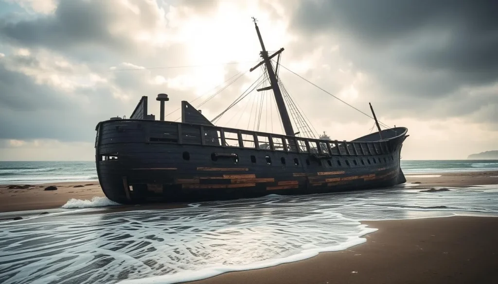 Generate an image of the Peter Iredale shipwreck