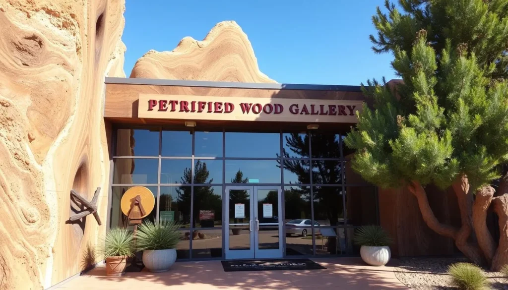 Generate an image of the Petrified Wood Gallery's exterior, showcasing its unique architecture and inviting entrance.