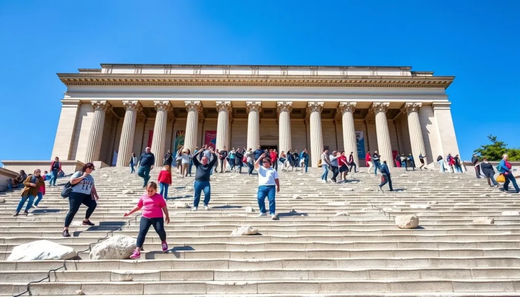 Generate an image of the Philadelphia Museum of Art with visitors running up the Rocky Steps.