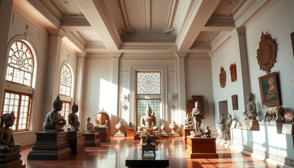 Generate an image of the Phimai National Museum's interior, showcasing its collection of Khmer artifacts and sculptures.