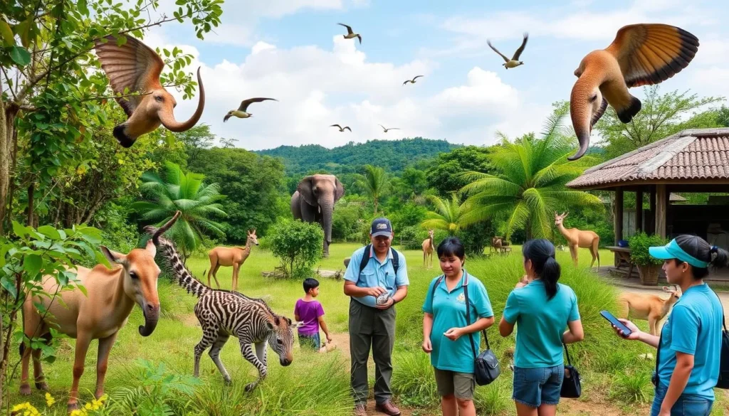Generate an image of the Phnom Tamao Wildlife Rescue Centre with rescued animals and guides.