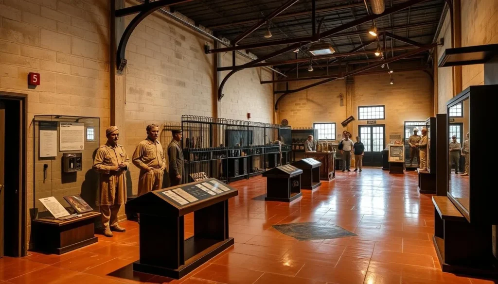 Generate an image of the Phu Quoc Prison's historical exhibits with life-sized mannequins and preserved artifacts.