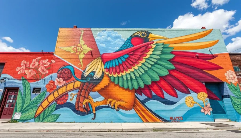 Generate an image of the Piasa Bird Mural in Alton, Illinois, showcasing its vibrant colors and intricate design.